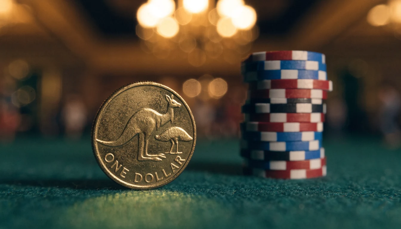 Australian one-dollar coin on felt beside stacked casino chips