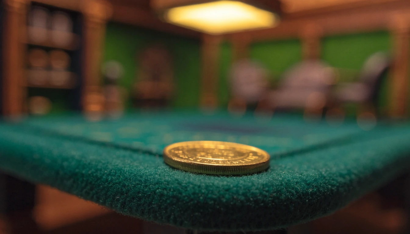 Australian one-dollar coin on green felt table in a softly lit lounge