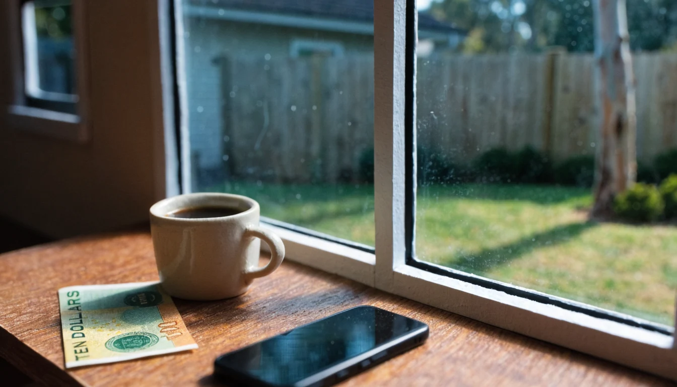 Australian ten-dollar note on a kitchen table beside a coffee mug and a face-down phone.