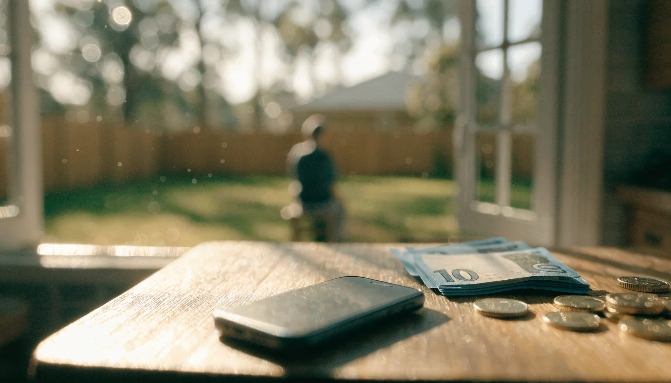Australian $10 banknotes and coins beside a smartphone on a sunny kitchen table.