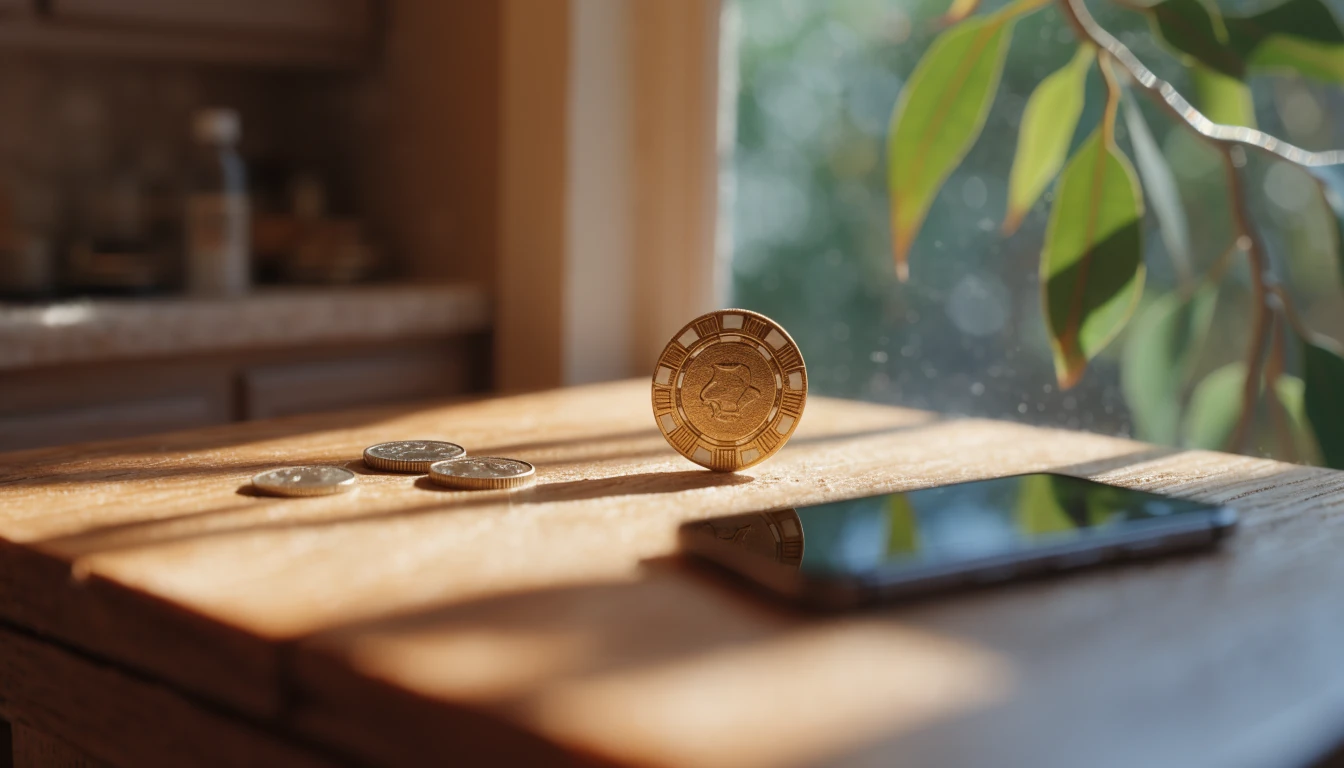 Single casino chip with Australian coins on a sunlit home table.