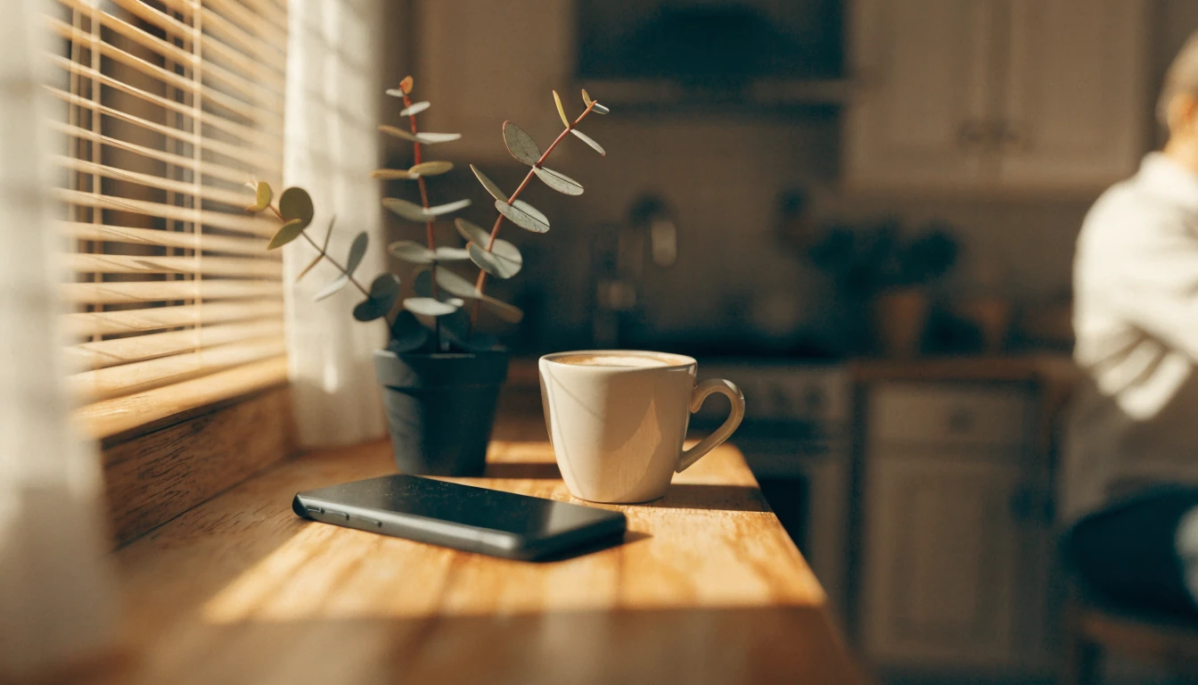Smartphone face-down on counter with coffee and eucalyptus plant