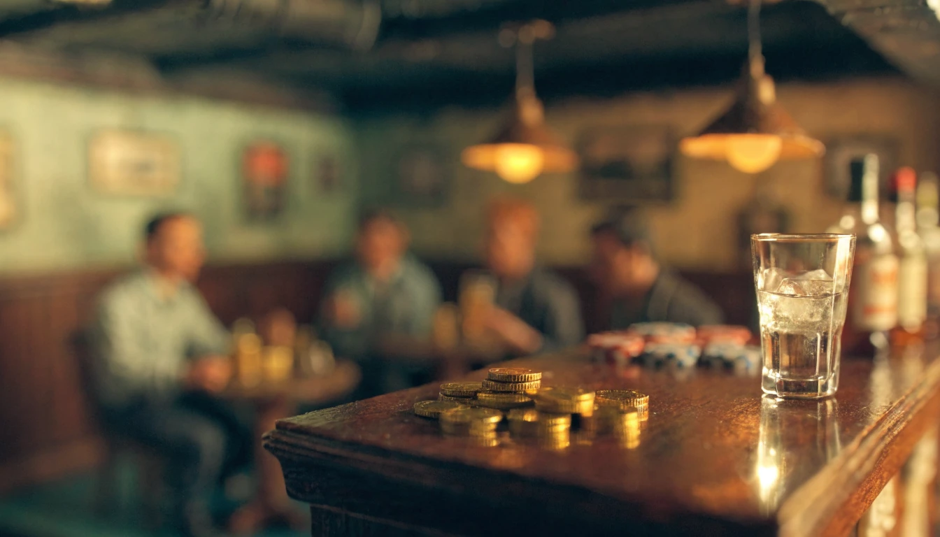 Small pile of gold coins on a polished bar counter in an Australian gaming lounge