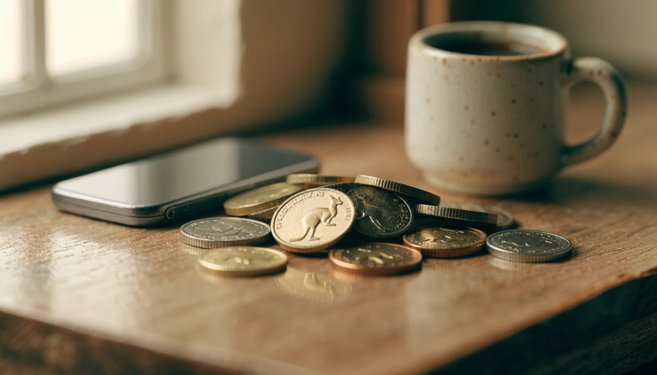 Australian coins beside a smartphone on a table, soft morning light.