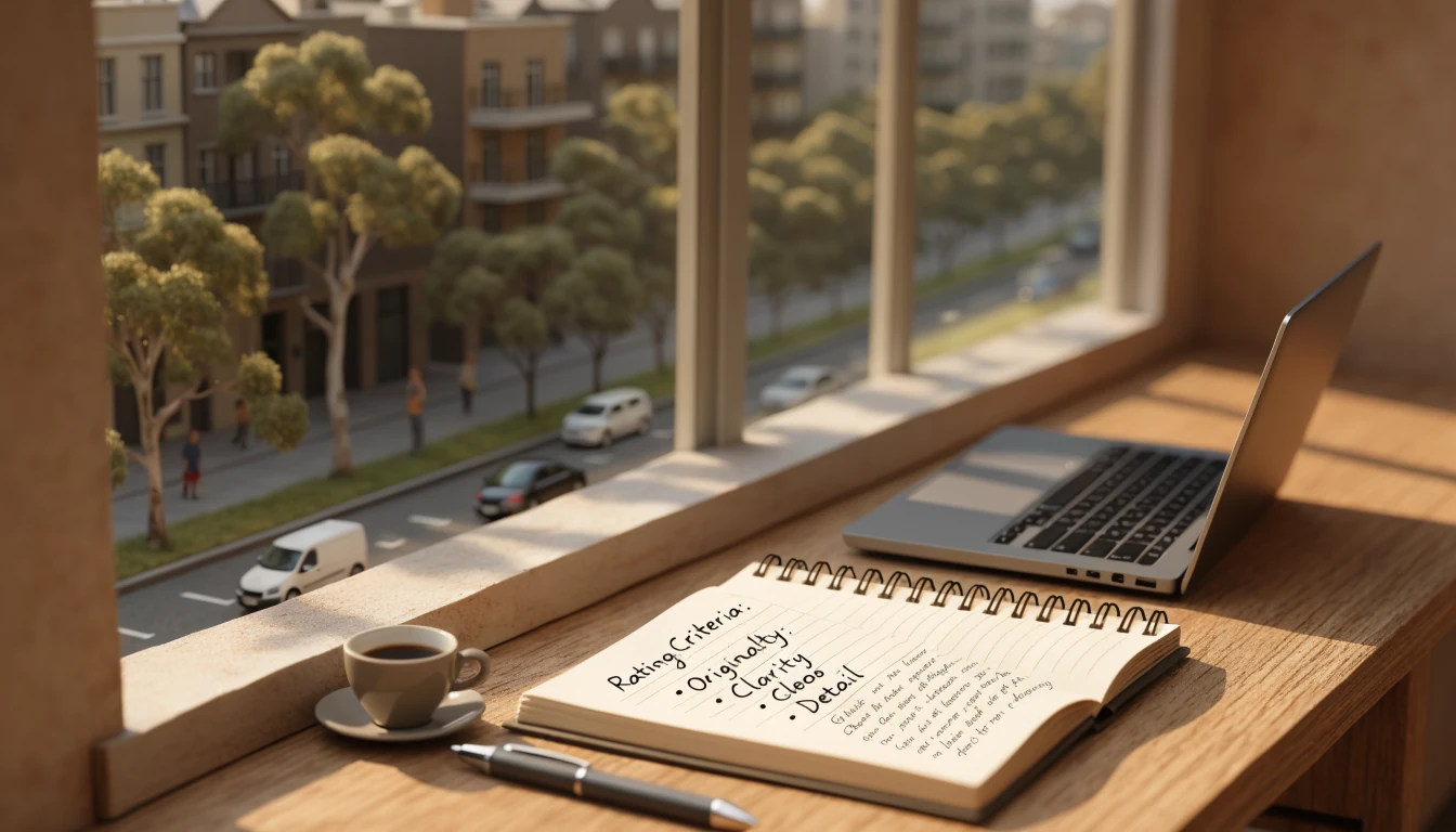 Australian editorial desk with rating notebook, coffee, and laptop near a sunlit window with eucalyptus outside