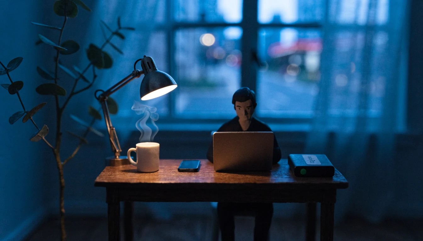Person at desk with laptop, phone and crypto wallet in a modern Australian apartment at night.