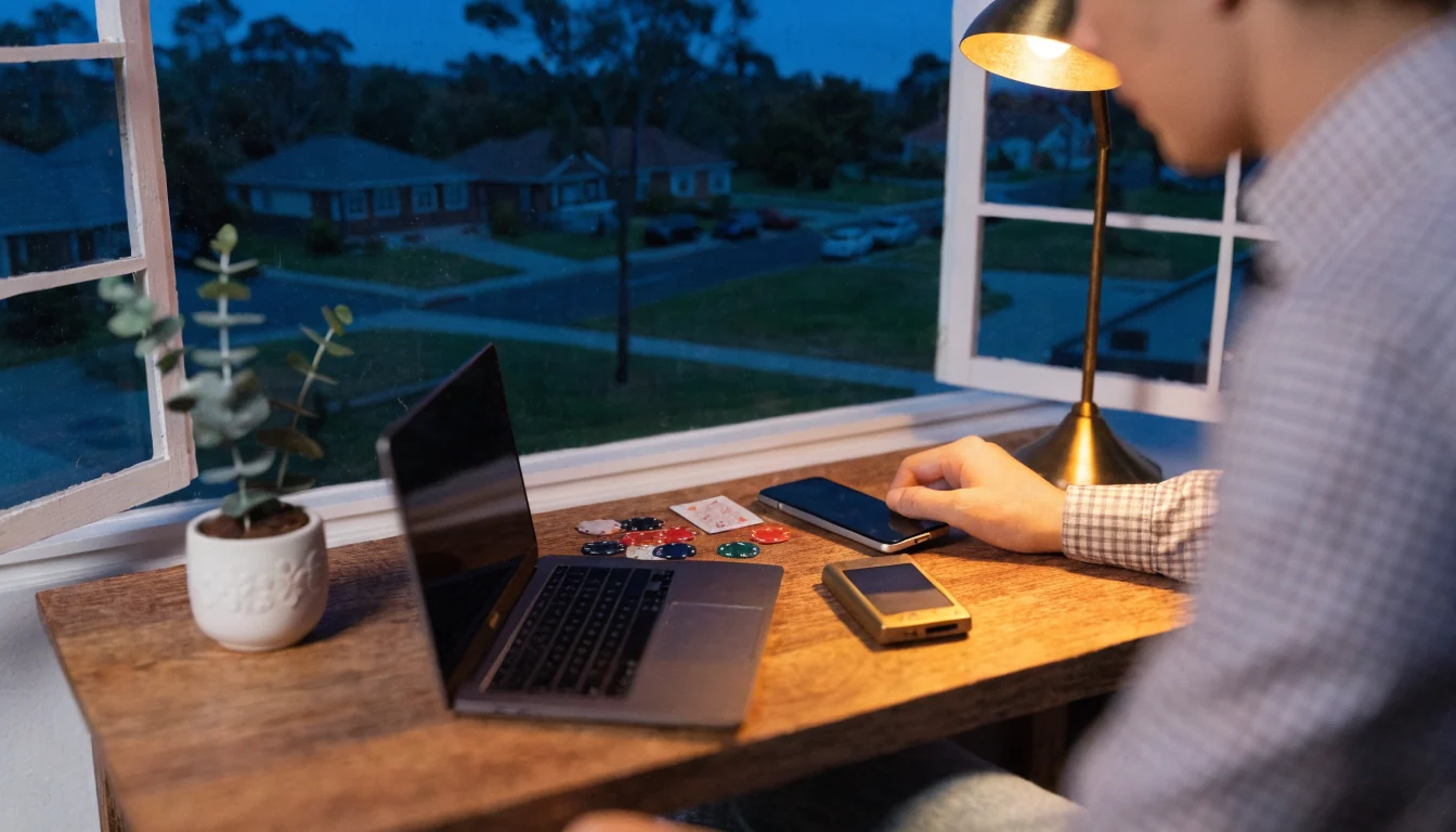 Australian home office desk at dusk with laptop, crypto wallet, casino chips and eucalyptus plant