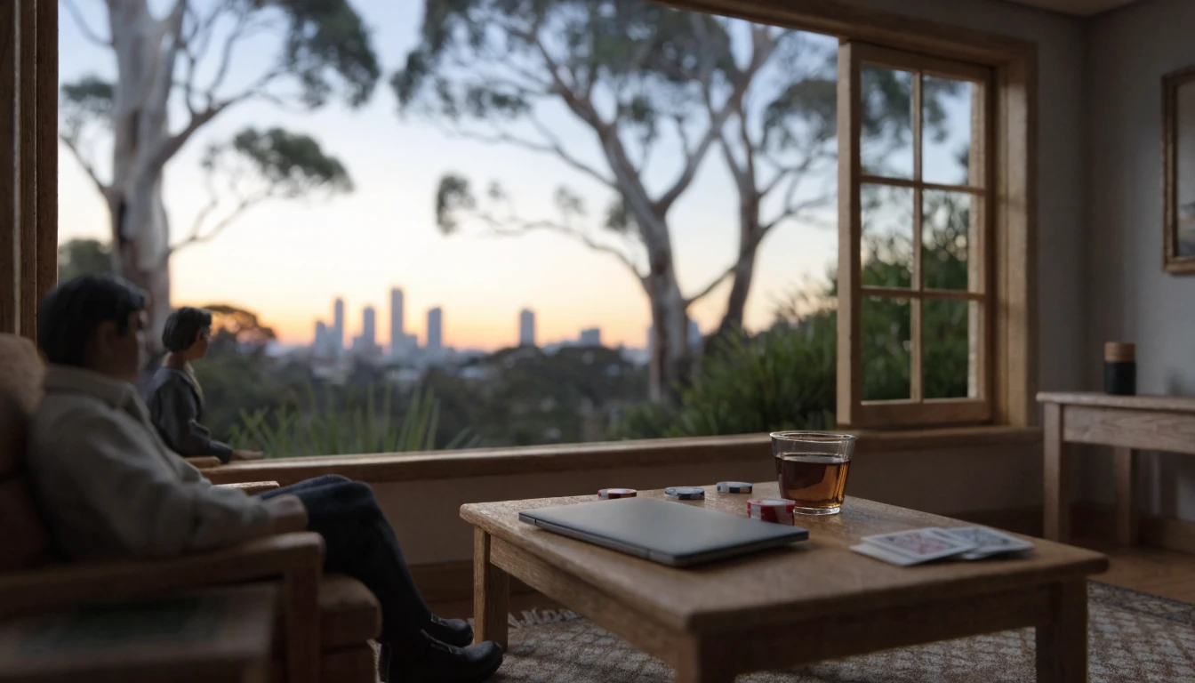 Closed laptop on a coffee table in a suburban Australian home at dusk.