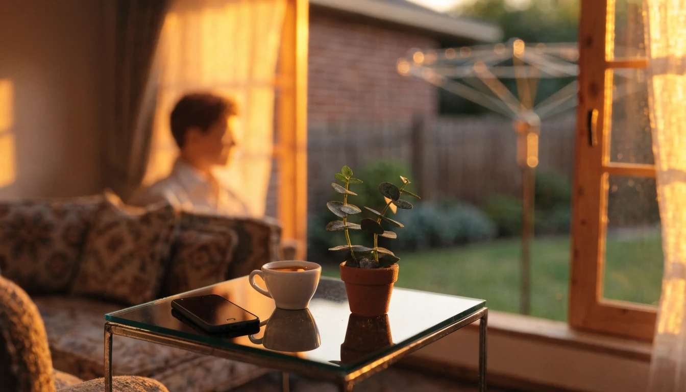 Australian living room scene with a phone on the table near tea and eucalyptus.