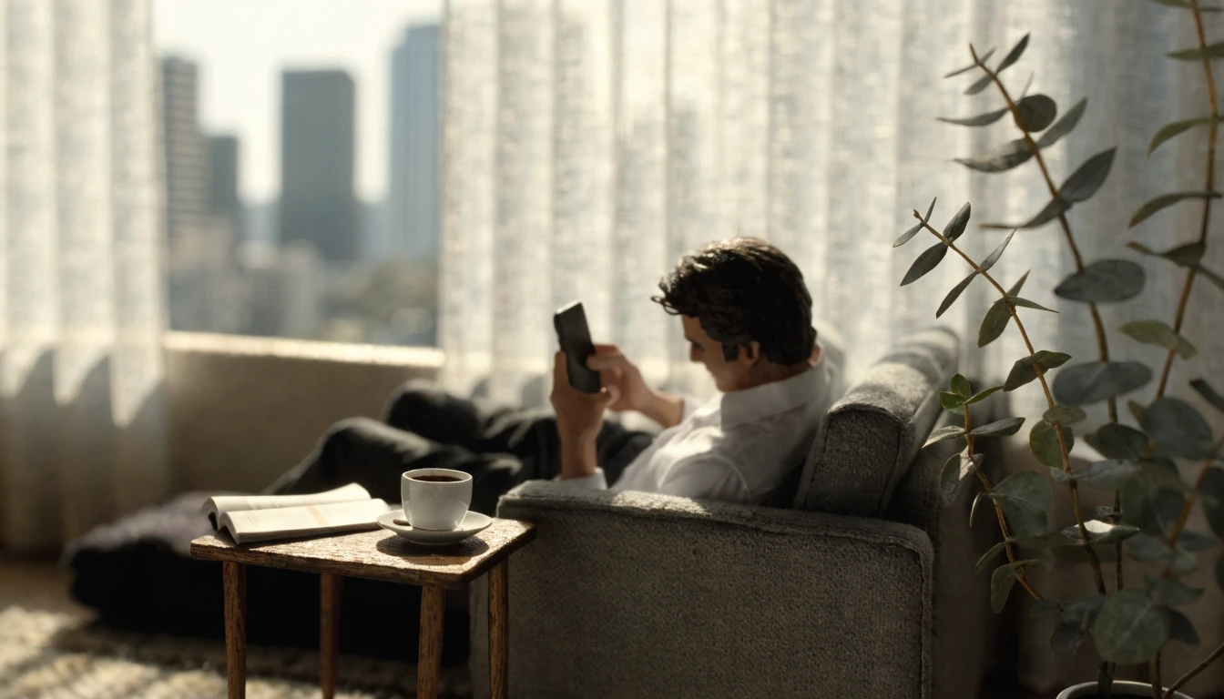 Australian man relaxing at home holding an Android phone with screen turned away.