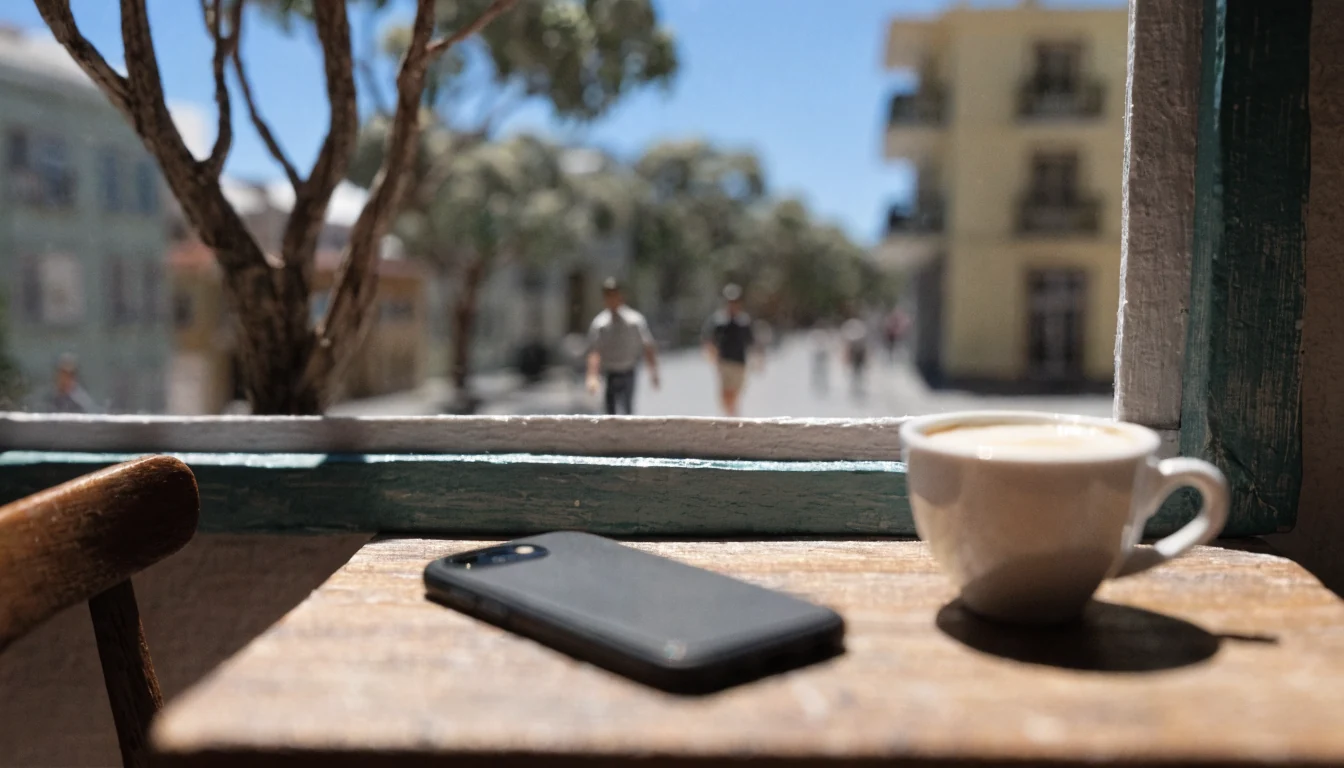 Smartphone placed face-down on a café table in Australia