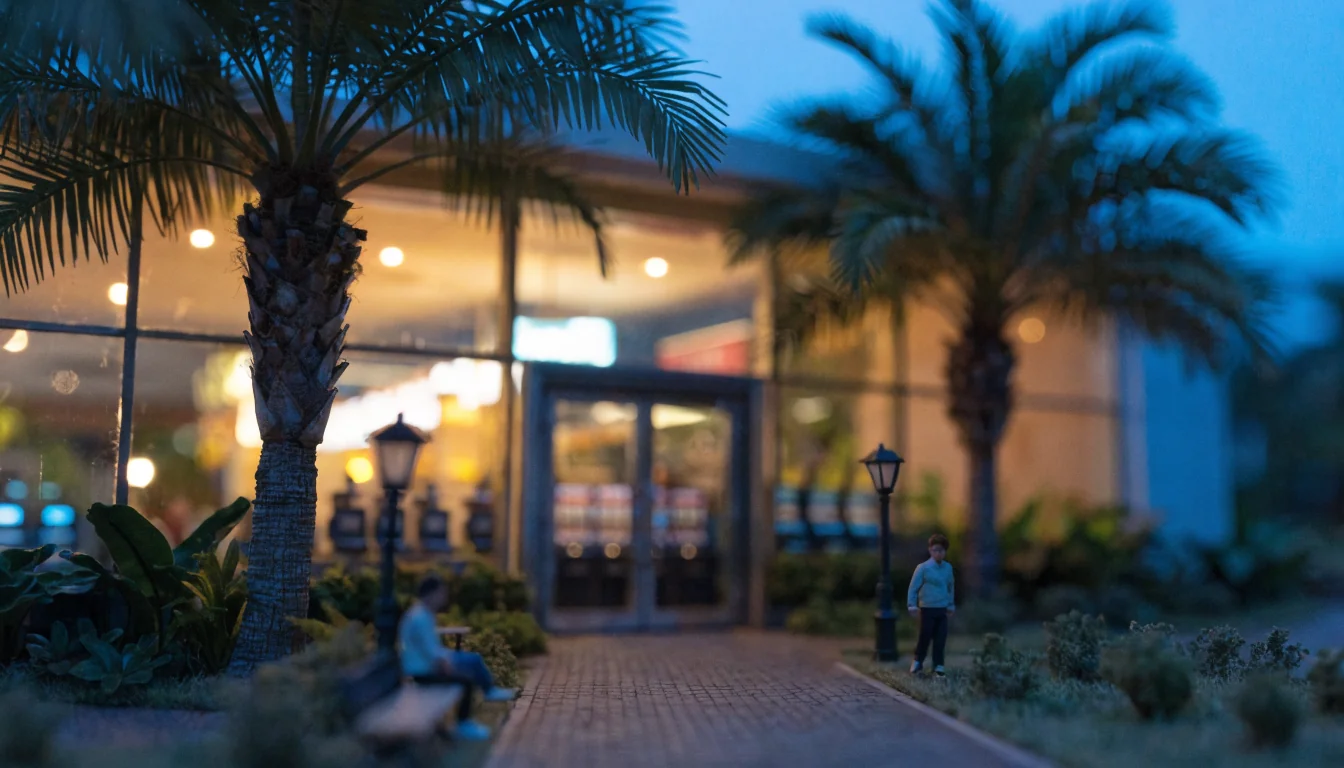 Casino building entrance in Darwin at twilight with palm trees