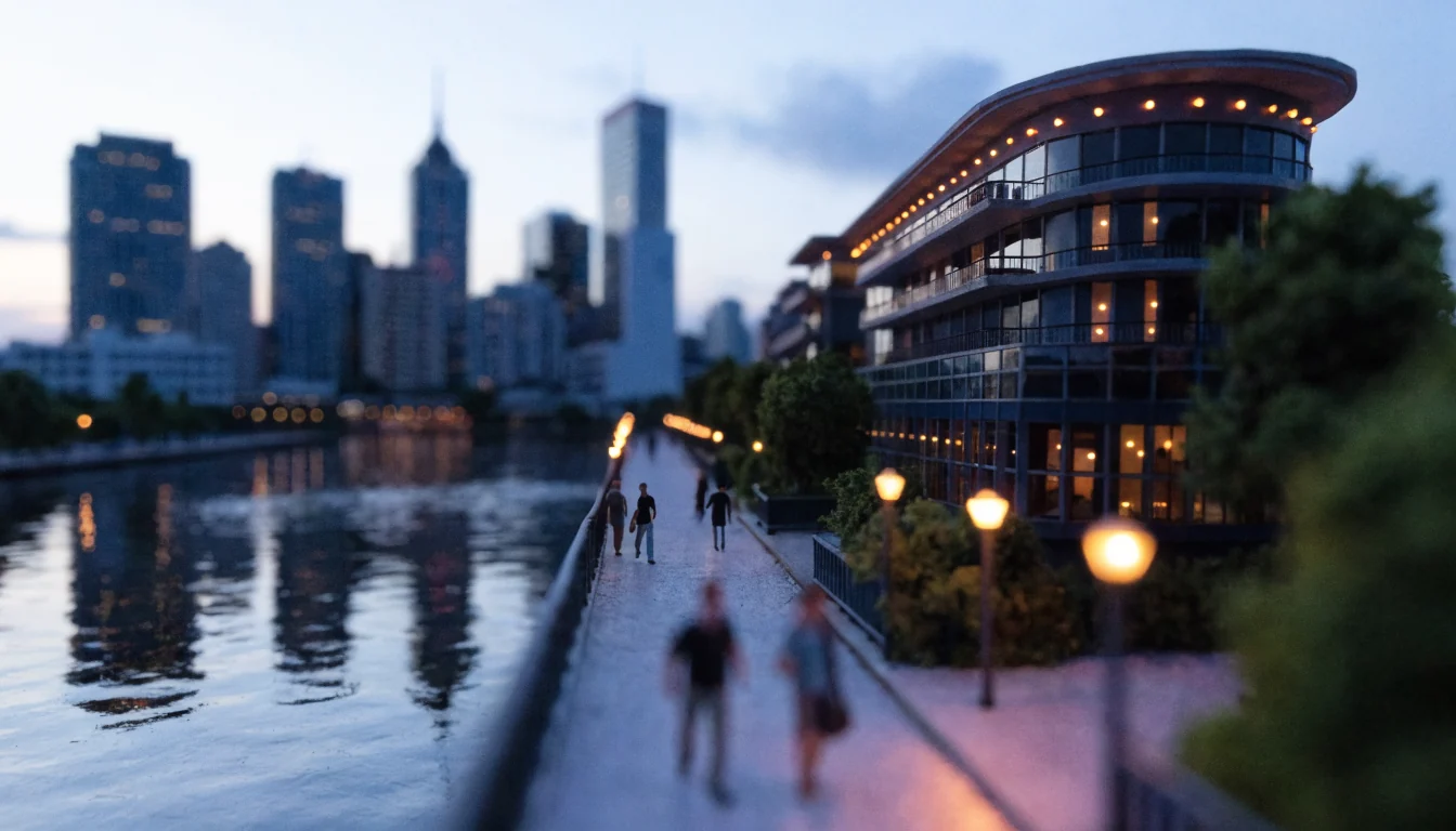 Melbourne Southbank riverside casino complex at twilight along the Yarra River