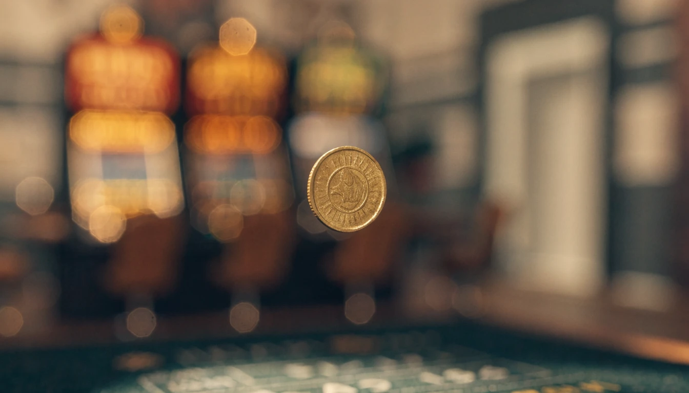 Gold coin suspended above a casino table with amber slot machines glowing softly behind.