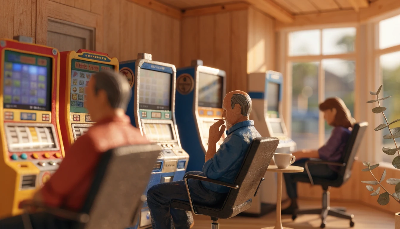 Casual Australian pokie lounge with warm light, colourful machines, and a relaxed atmosphere.
