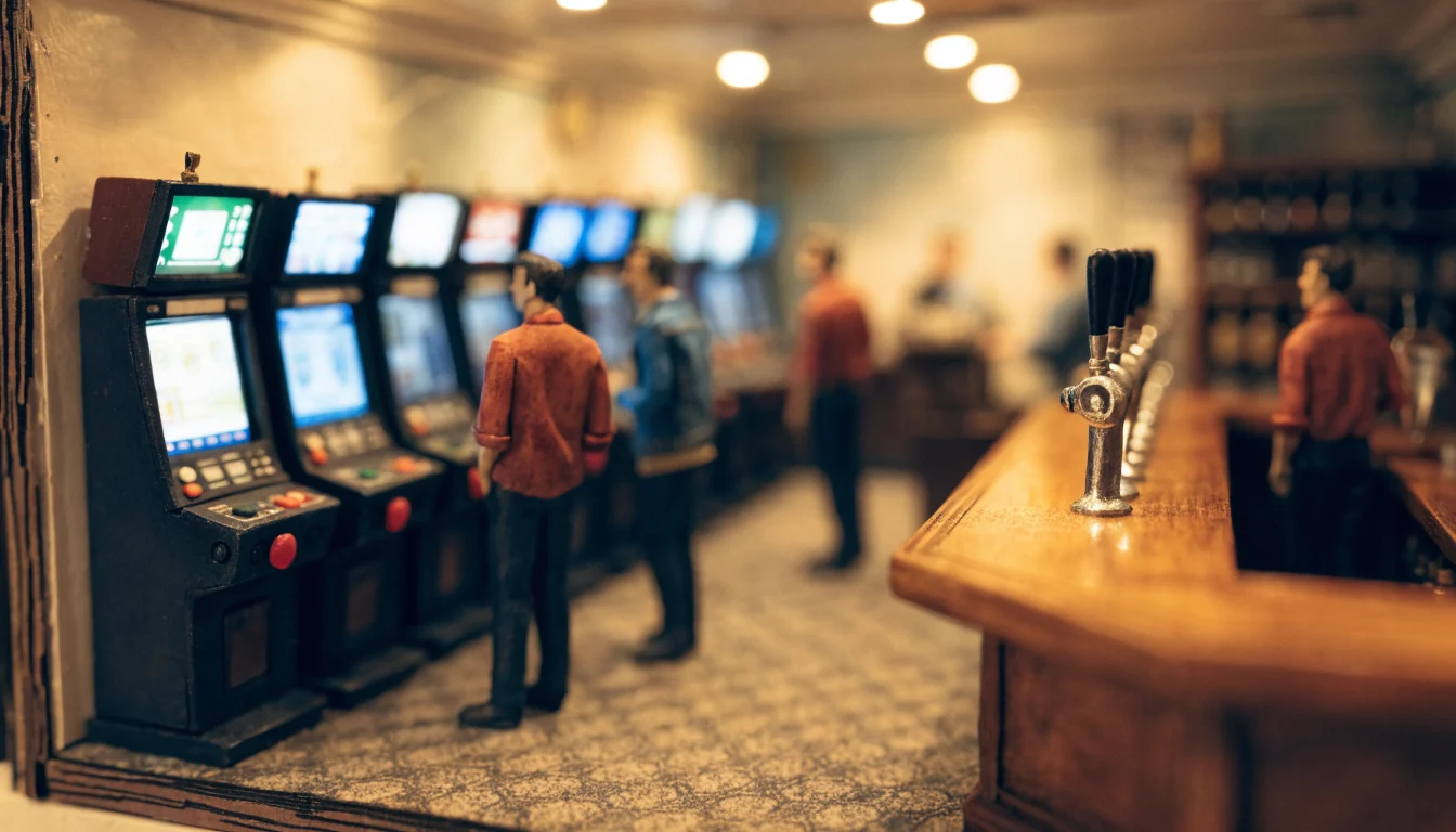 Melbourne pub interior with rows of gaming machines and a wooden bar.