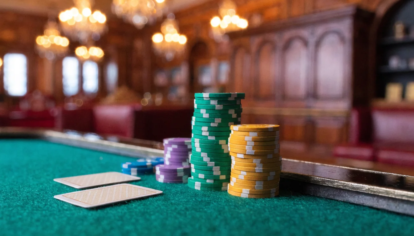 Casino table with stacked poker chips and cards in an upscale Australian gaming lounge.