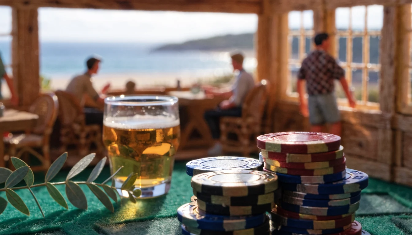 Casino chips on a green felt table in a sunlit Australian pub interior.