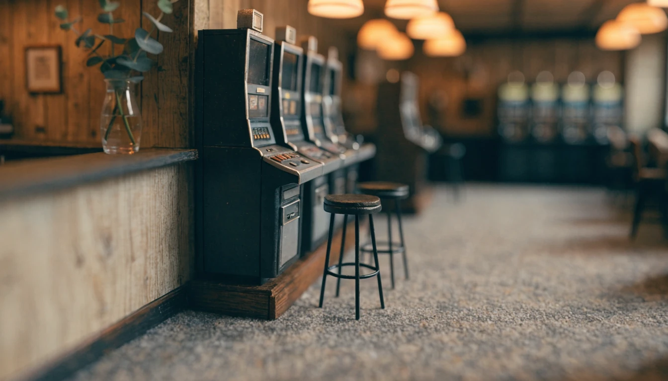 Australian pub interior with pokie machines along a timber wall, warm pendant lighting, eucalyptus on the bar counter