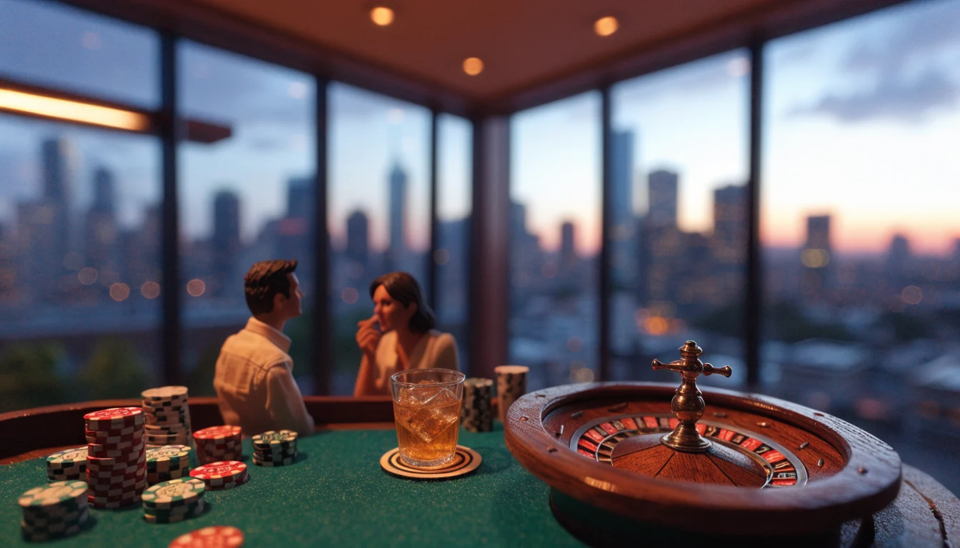 Casino table with roulette wheel and chips at twilight in Australia