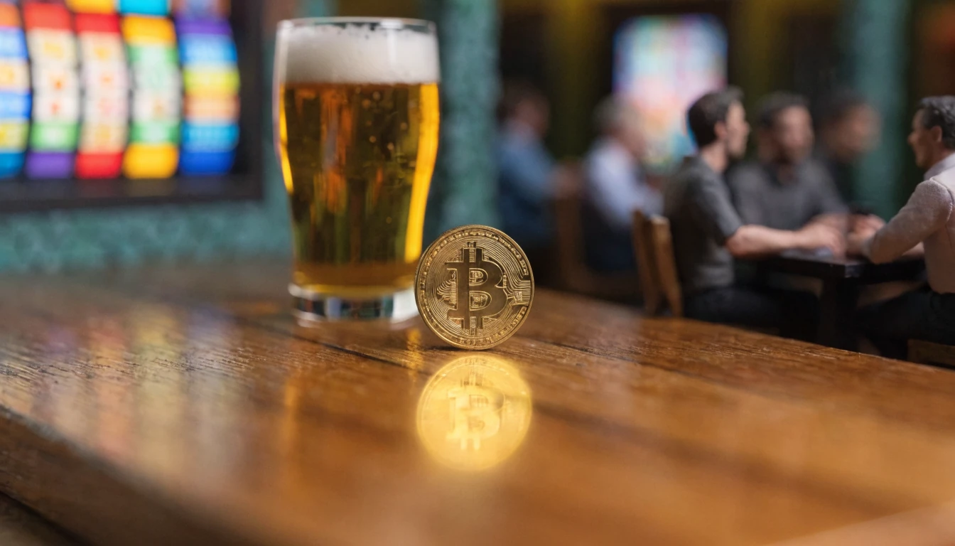 Gold Bitcoin coin on an Australian pub counter with pokie machine in background.