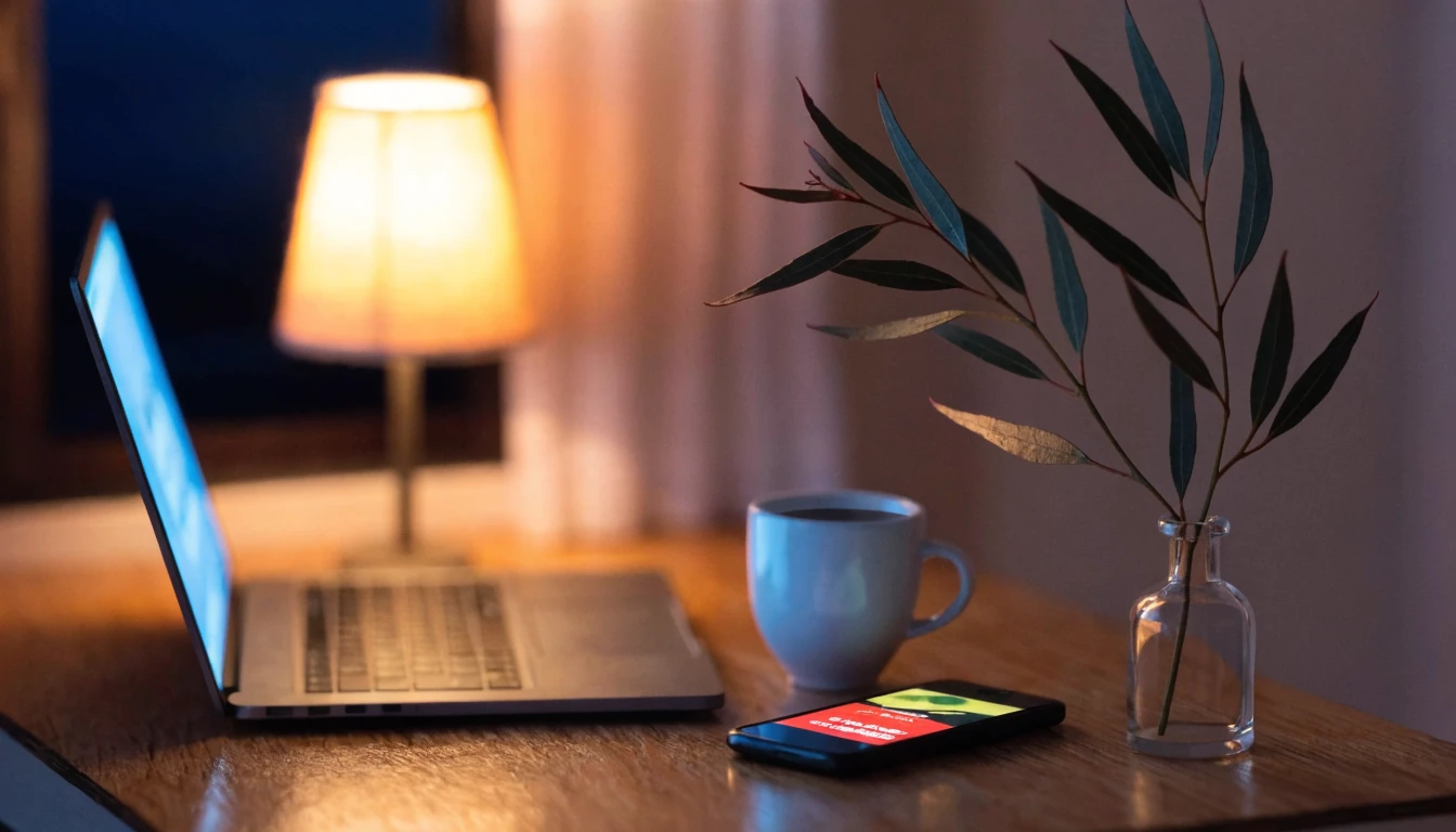 Australian home office at night with laptop and smartphone, warm lamp light
