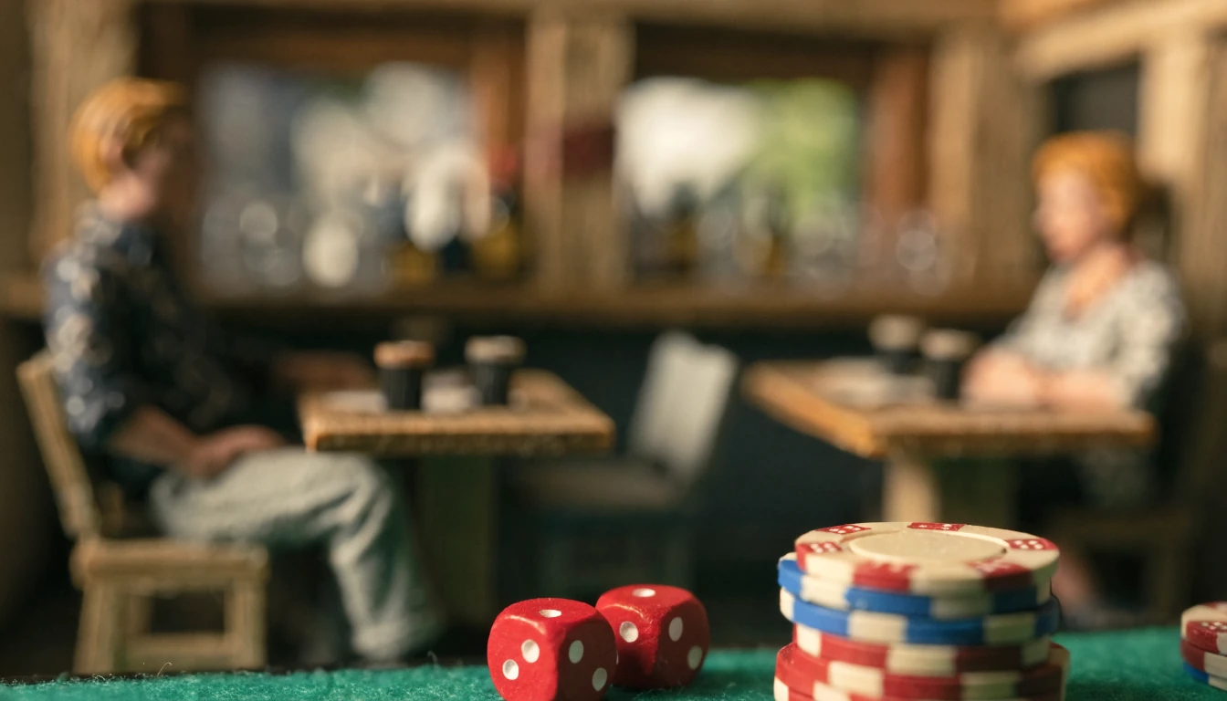 Dice and casino chips on a green felt table in an Australian pub setting.