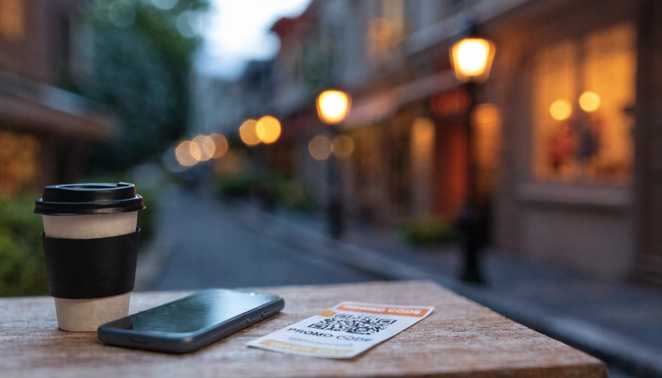 Smartphone and promo code voucher on a table with Melbourne laneway lights in the background.