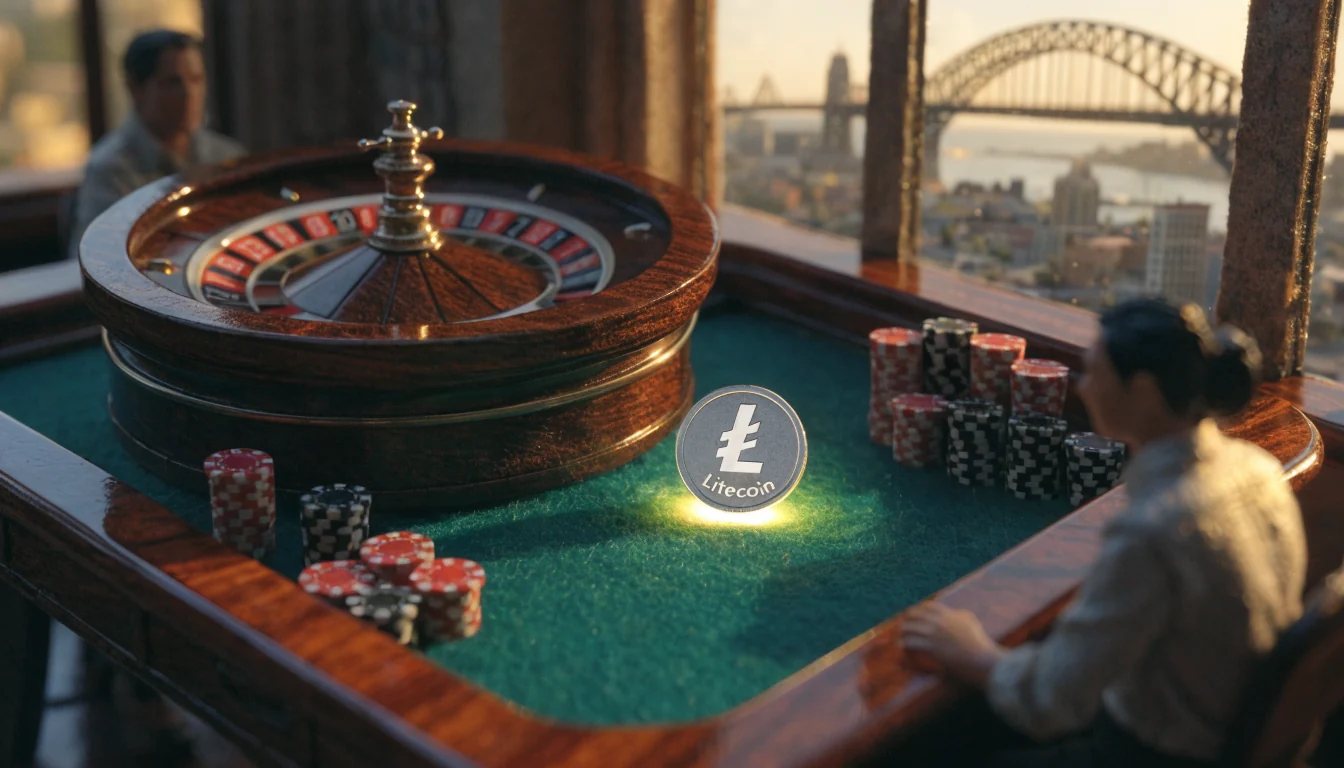 Casino table with roulette, poker chips and a Litecoin coin, Sydney skyline through the window
