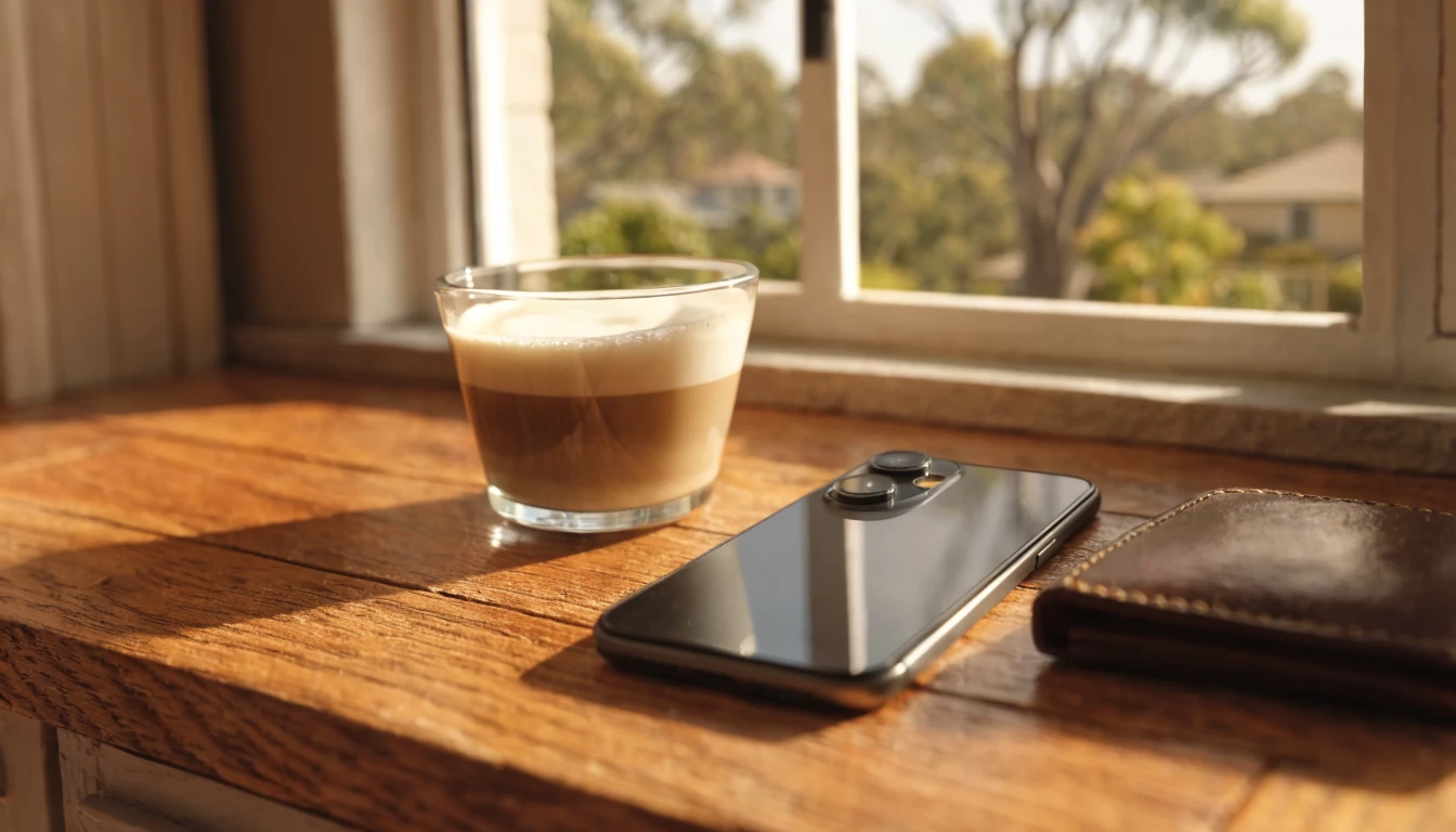 Smartphone on kitchen counter with flat white coffee and wallet in Australian home