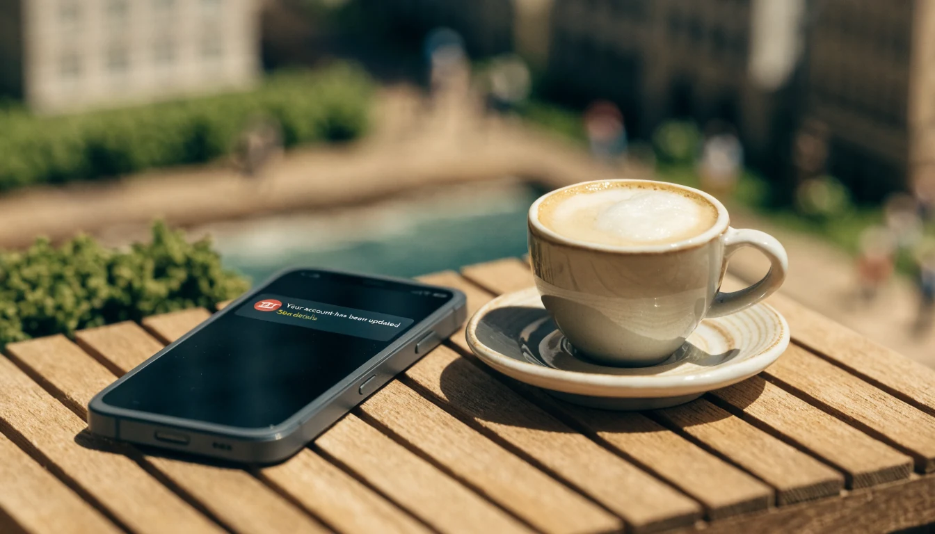 Smartphone with banking app on a sunny Sydney cafe table.