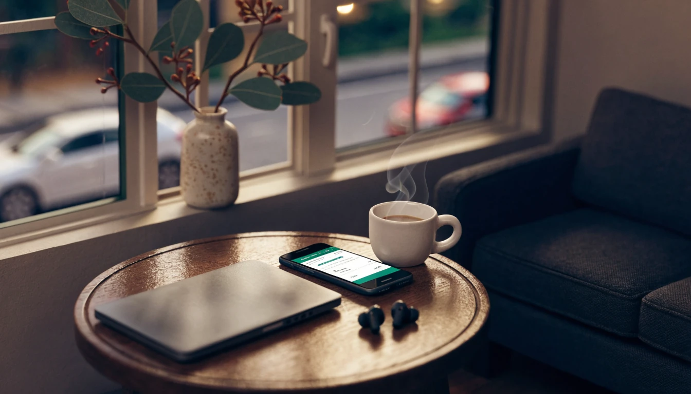 Australian home workspace with closed laptop and phone showing payment confirmation