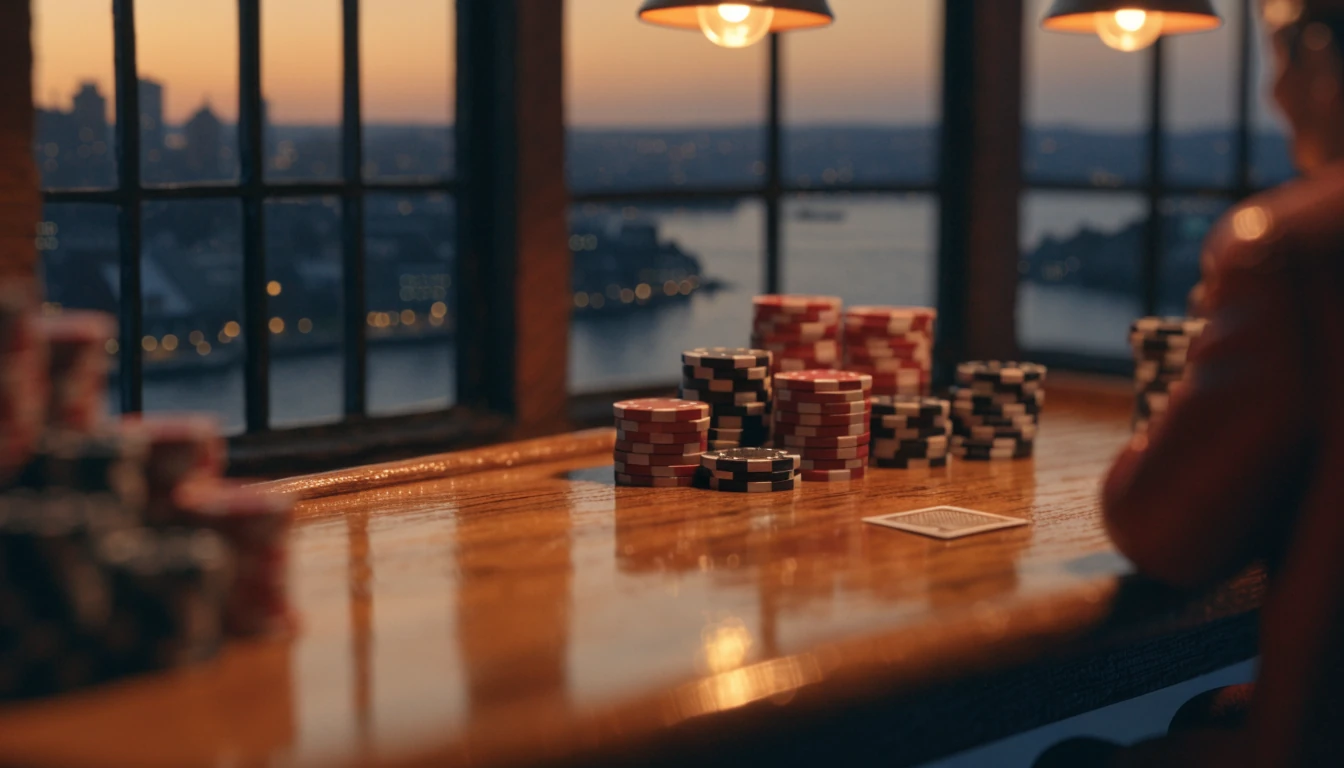 Casino gaming table with chips and card, Sydney harbor view at dusk.
