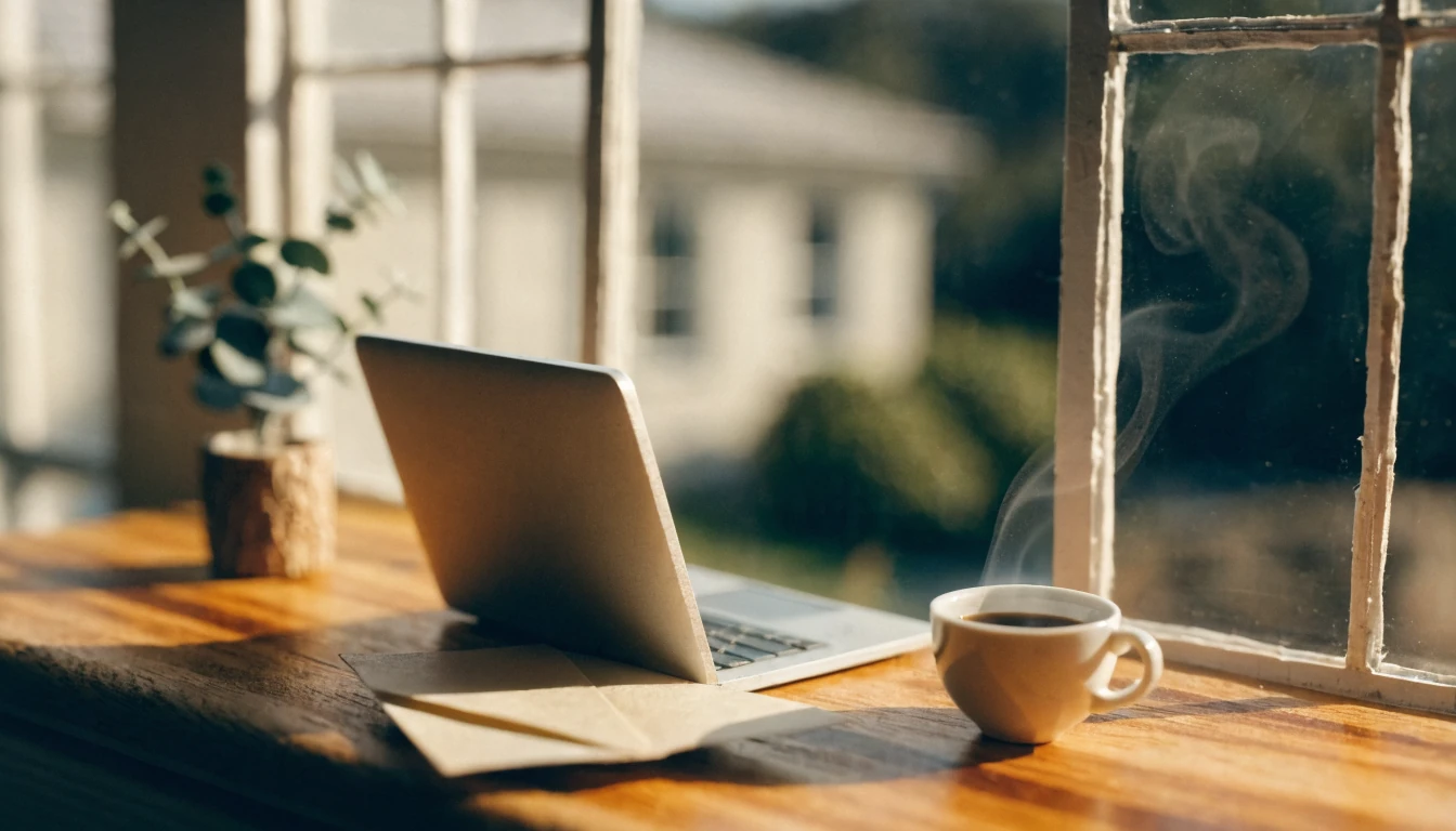 Laptop on a sunlit desk with coffee and eucalyptus, warm afternoon light.