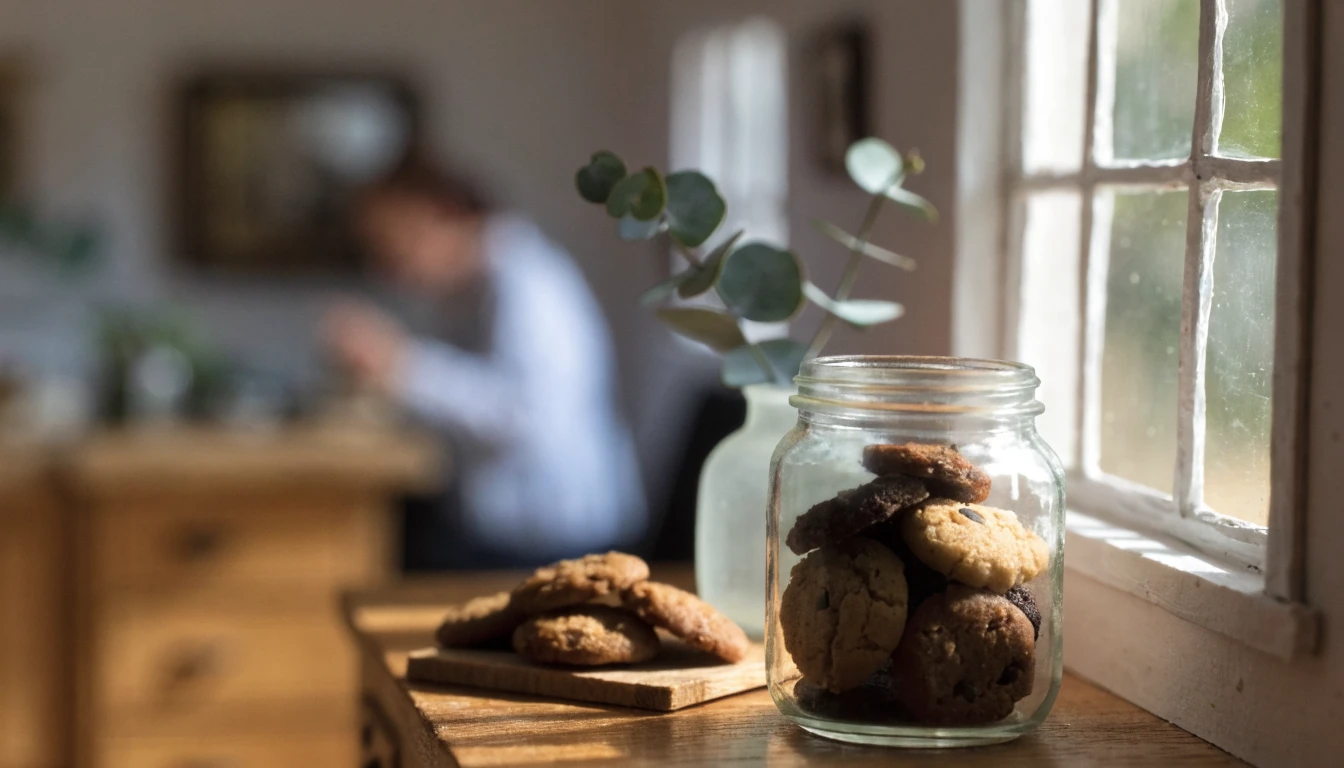 Glass jar of homemade cookies on a sunlit Australian kitchen counter.