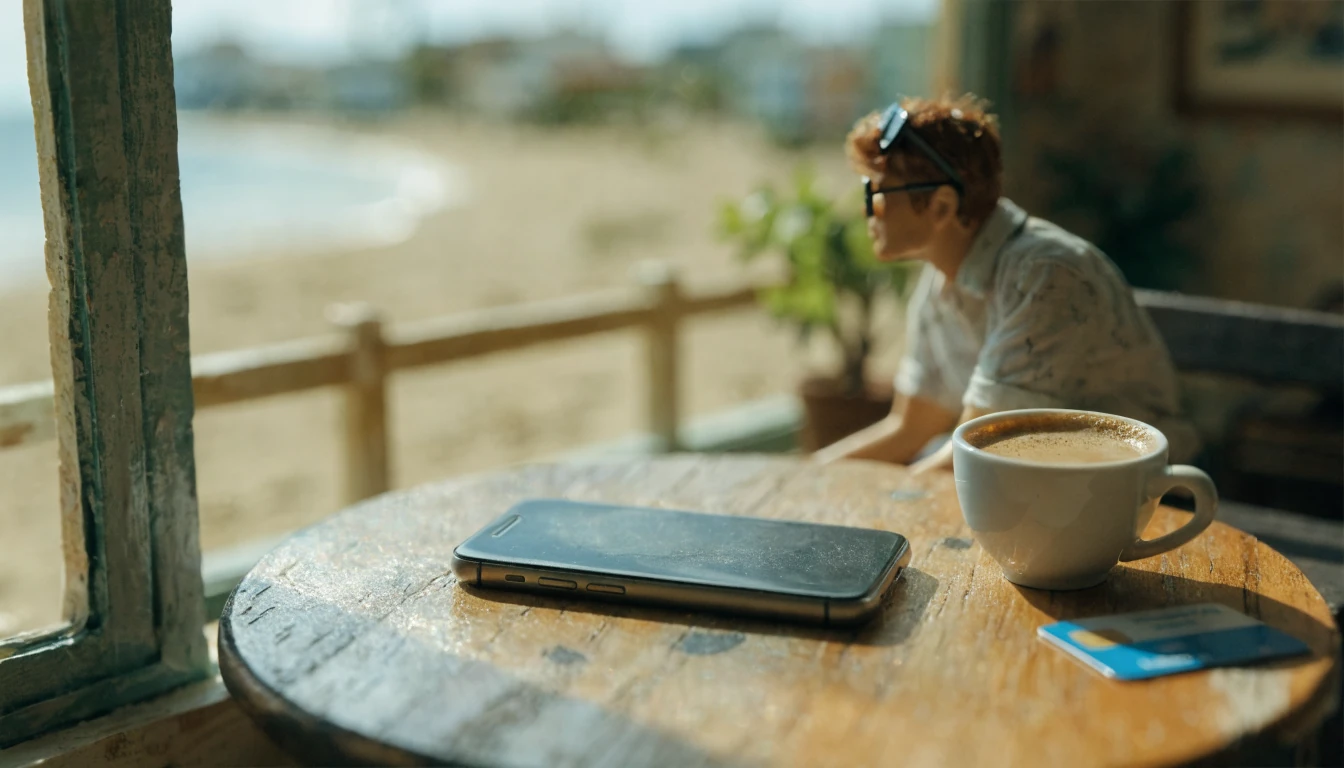 Smartphone and bank card on a café table in an Australian coastal town.