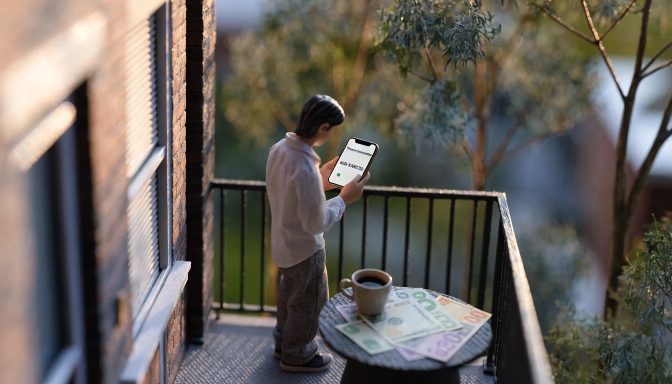 Person on a Brisbane balcony checking a fast bank withdrawal on a smartphone