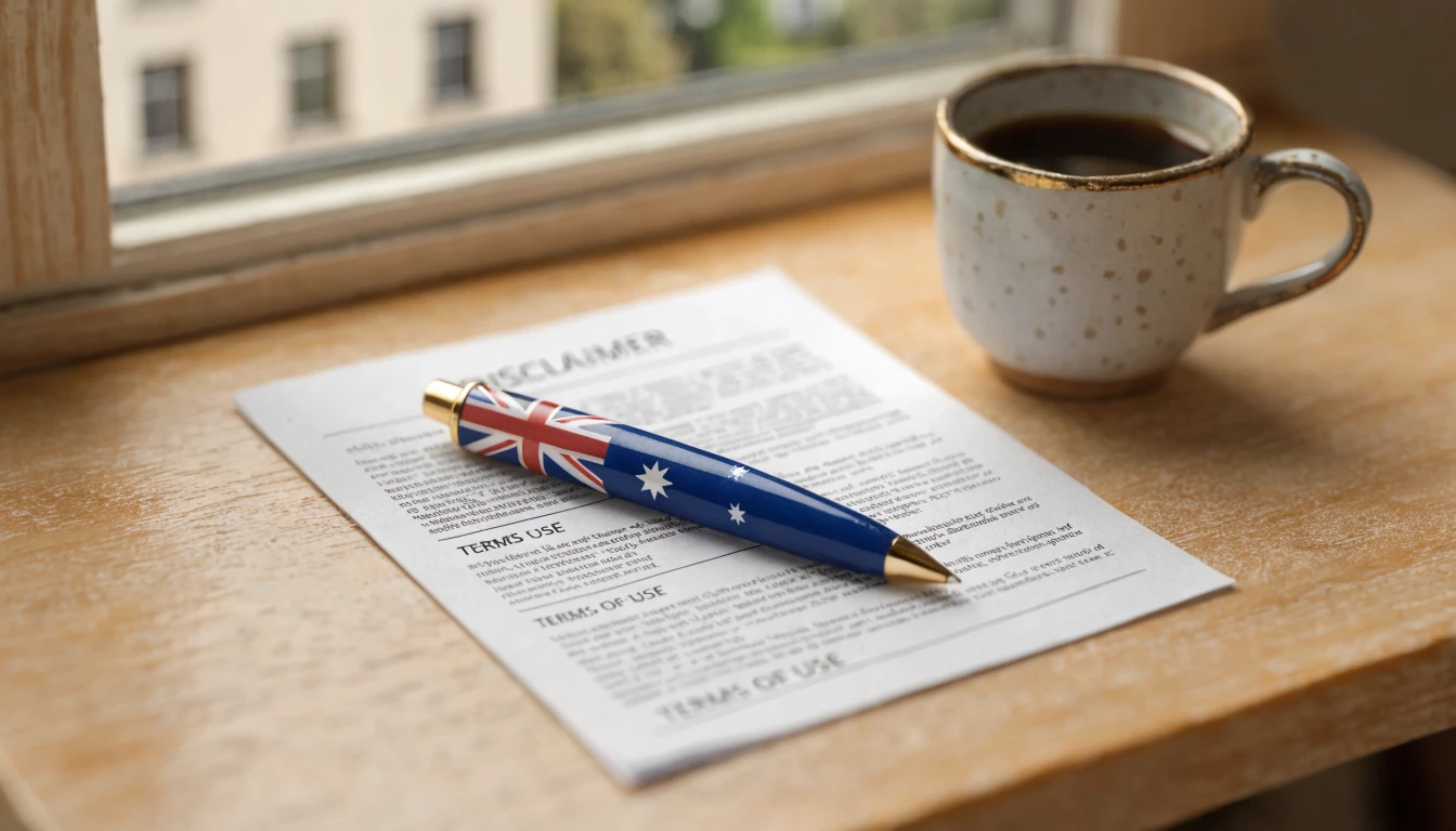 Printed disclaimer document on a wooden desk with a coffee mug and an Australian flag pen