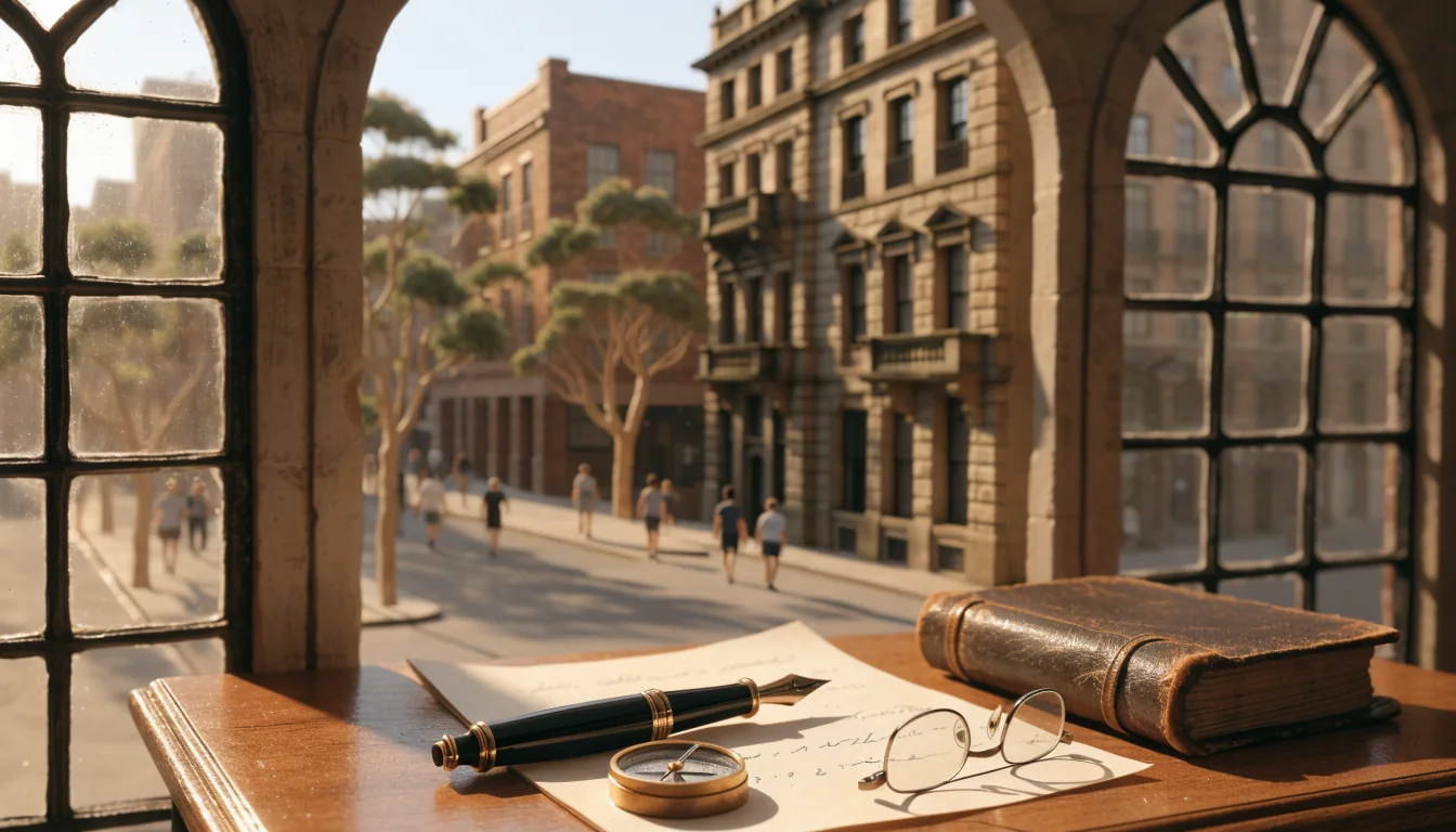 Australian heritage building viewed through arched windows with eucalyptus branches and a wooden desk.