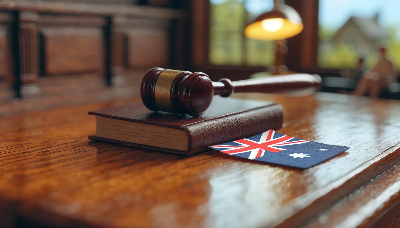 Gavel on a law book beside an Australian flag on a desk.