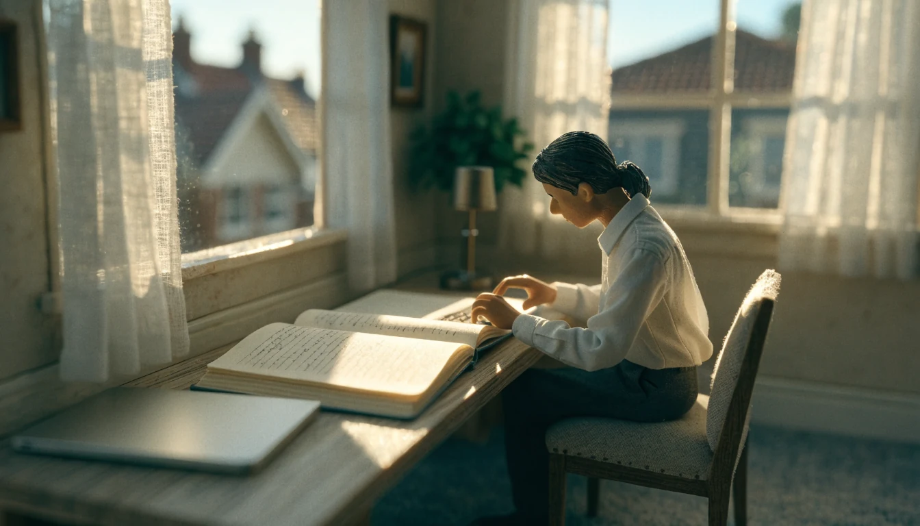 Person at a desk with a closed laptop and open notebook.