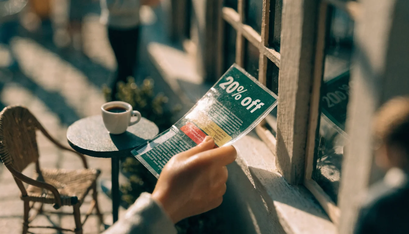 Hand holding a promotional flyer beside a coffee cup.