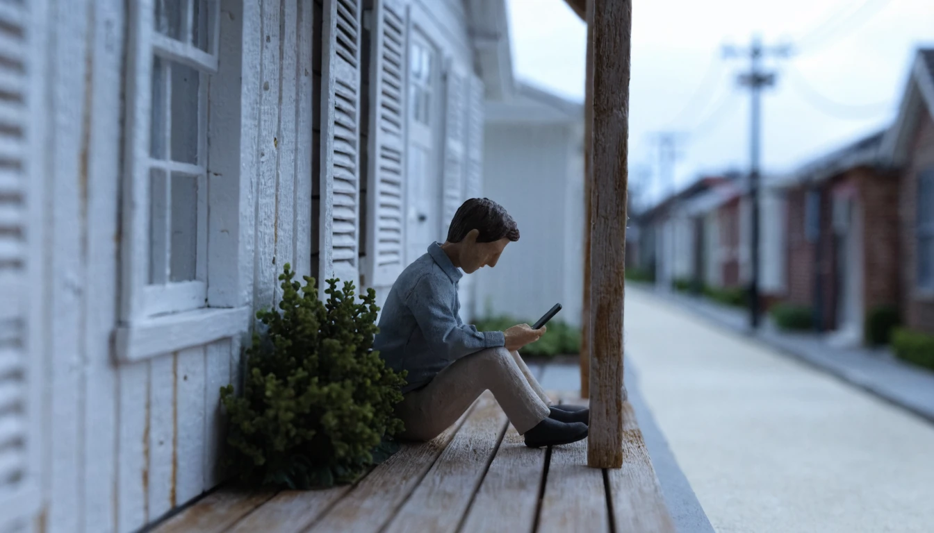 Young adult on a veranda with a phone resting face-down.