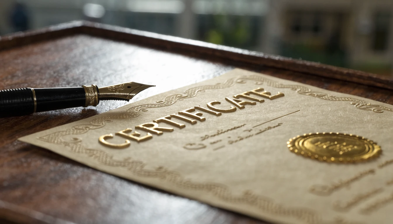 Official certificate with a gold seal and a fountain pen.