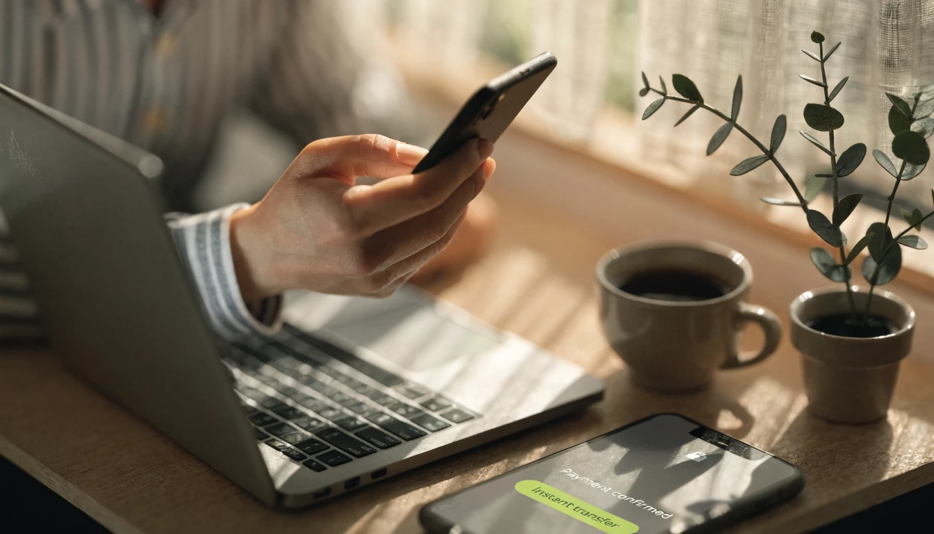 Australian player holding smartphone near laptop during instant PayID withdrawal at home desk