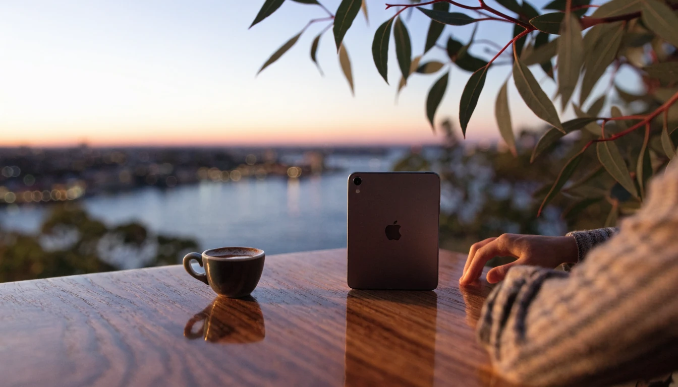 iPad on a Sydney Harbour terrace at dusk with coffee and eucalyptus.