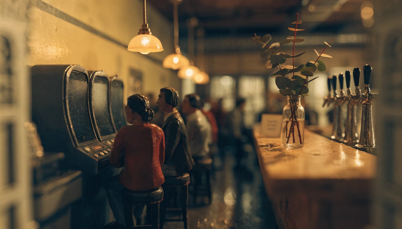 Australian pub interior with gaming machines, warm amber lighting, wooden bar, and eucalyptus decor
