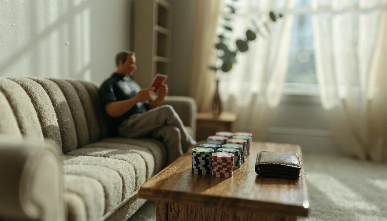 Person relaxing at home with playing card and casino chips on table