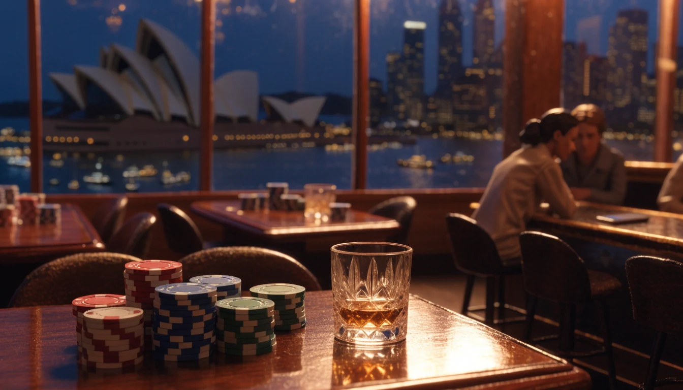 Sydney casino lounge interior with city skyline and harbor lights at night