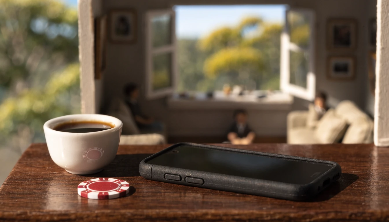 Smartphone face-down on a table in a sunny Australian home with a casino chip nearby.